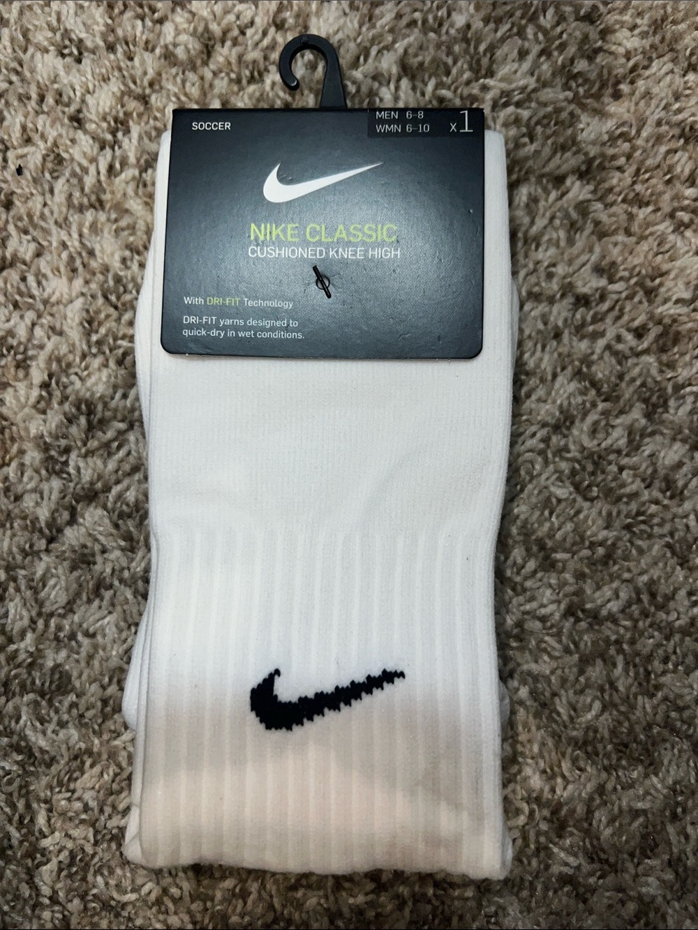 NWT! Nike DRI-FIT Classic White Cushioned Knee-High Socks with Black Swoosh Sz M